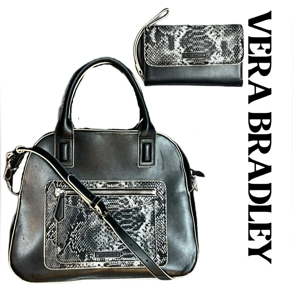 Vera Bradley Python Bowler Satchel Black with Zip around Wallet wristlet